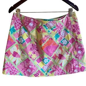 Lilly Pulitzer reversible wrap mini skirt w/ patchwork & pineapple print size 10